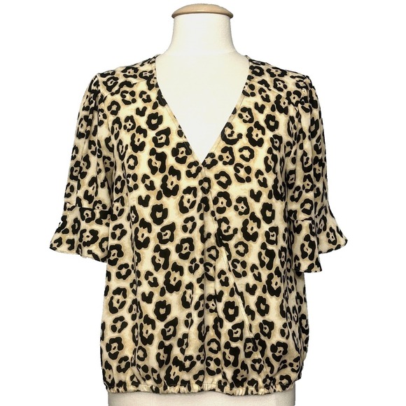 Y2K Animal Print Womens Top M Derona Surplice Beige Leopard Ruffle Classic Mob - Picture 1 of 13